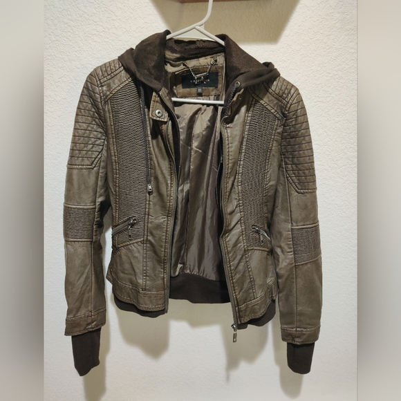 NWOT, LA Coalition, brown, vegan leather moto jacket w/ removable hood & lining - Picture 2 of 6